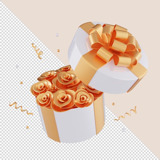 3d render white box with roses in it with a gold bow