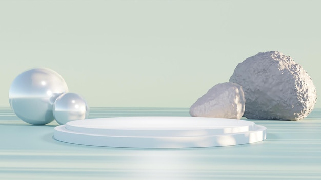 3D рендеринг белого пустого подиума с камнем на сером фоне