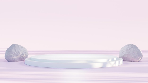 3d render white empty podium with rock on pink background