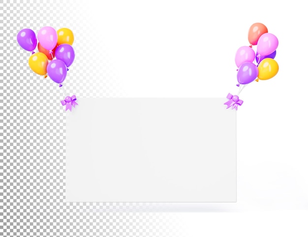 3d render white empty rectangle banner flying on colorful air balloons holiday decoration for birthday party store opening ceremony mockup paper poster or card blank background