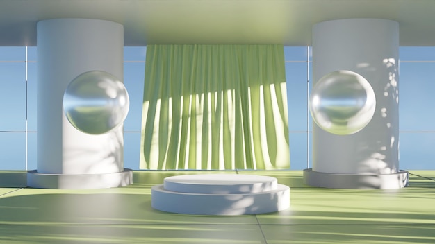 3D render white podium in room on green background