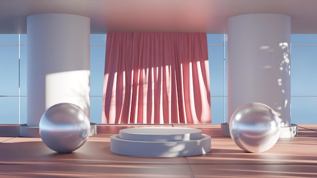 3D render white podium in room on red background