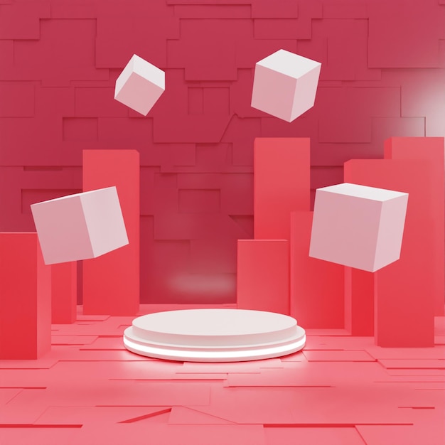 3D render white podium on red background High quality