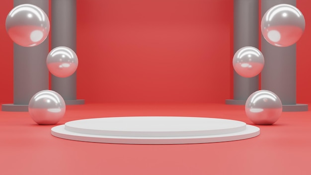3D render white podium on red background