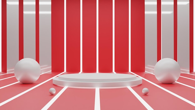 3d render white podium on red background. premium render