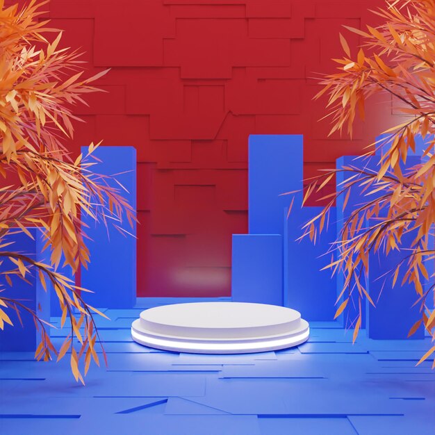 3d render white podium on red background with tree high quality