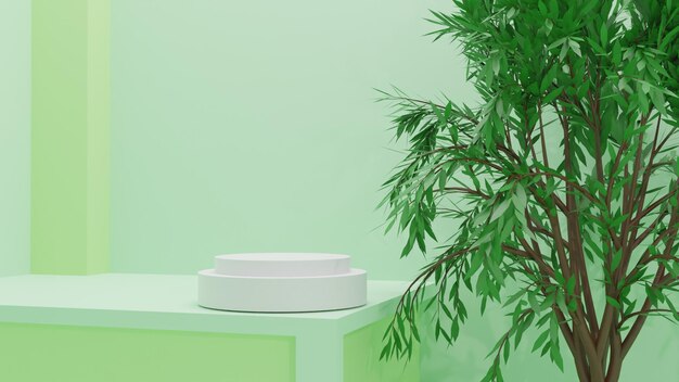 3d render white podium on soft green background with tree