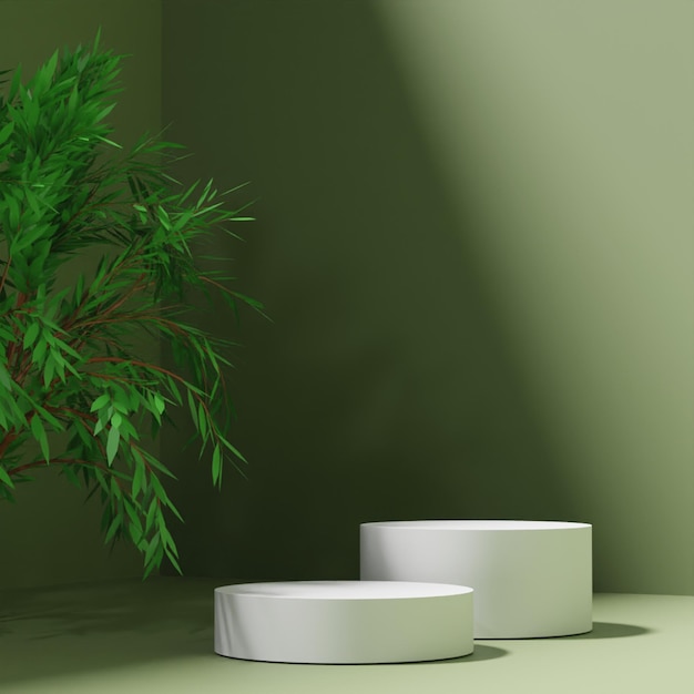 3D render white podium with tree on green background