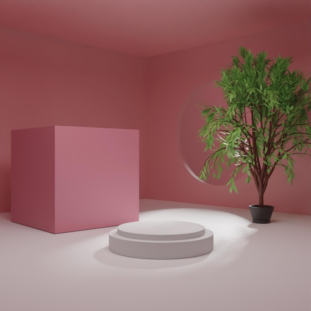 PSD rendering 3d podio bianco con albero su sfondo rosa