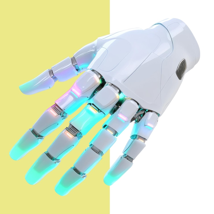 PSD 3d render of a white robot hand with a blue light on the finger isolated against a studio background transparent alpha background png