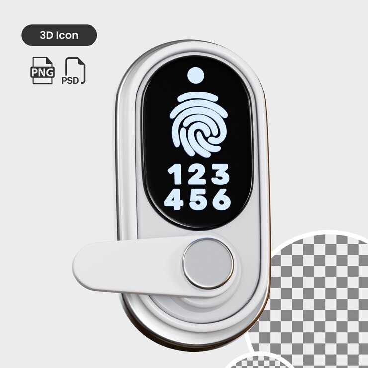 PSD 3d render of a white smart lock with fingerprint scanner