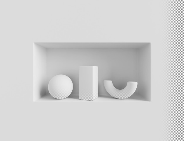 3d render white wall with niche and geometric shapes Rectangular shelf with sphere rectangle half torus in gallery or studio room elements of architectural and interior decoration 3D illustration