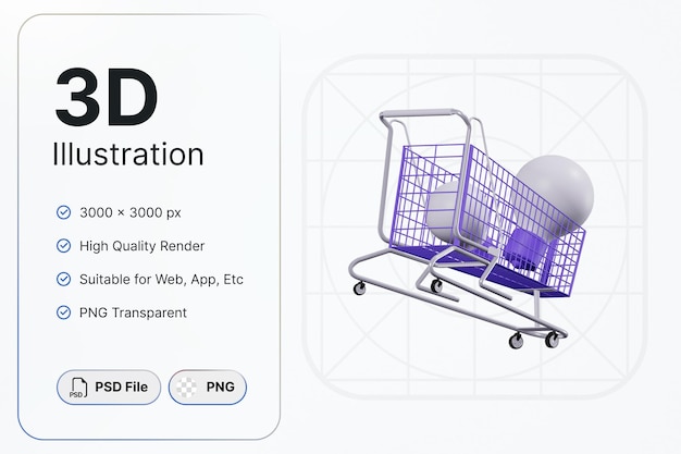 PSD 3d render winkelwagen met lamp linkerhoek marketing concept moderne pictogram illustraties ontwerp