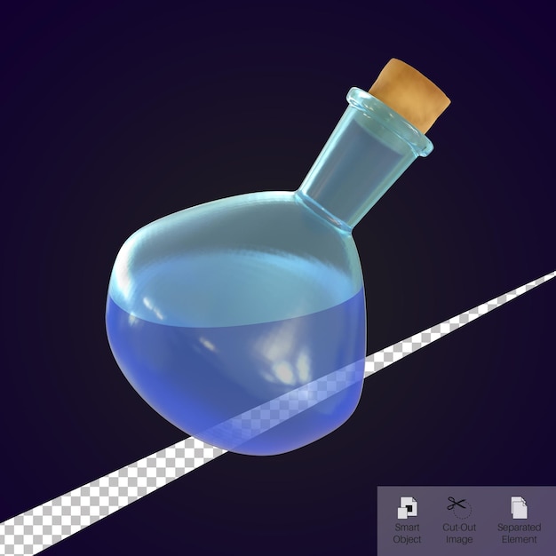 3d render witch blue potion bottle