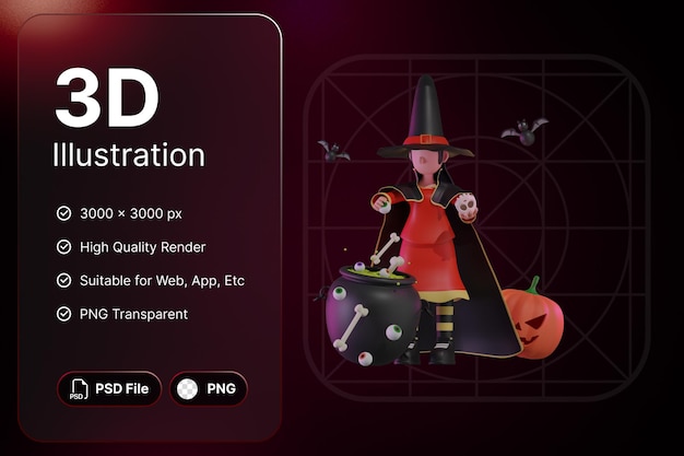 3D Render Witch With Cauldron Object Halloween Day Concept Modern Design