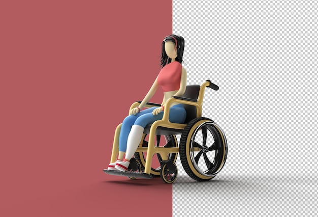 車椅子の透明なPSDファイルに座っている3Dレンダリングの女性。