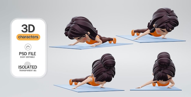 Rendering 3d. le donne si esercitano con una posa di archer push ups. l'allenamento si rivolge agli addominali