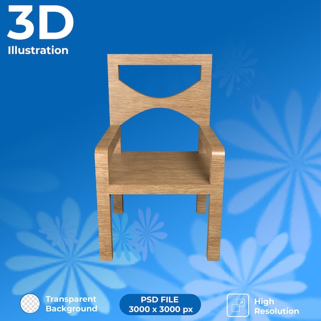 Vista frontale della sedia di legno del rendering 3d