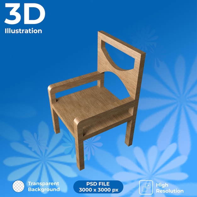 Rendering 3d vista prospettica della sedia in legno