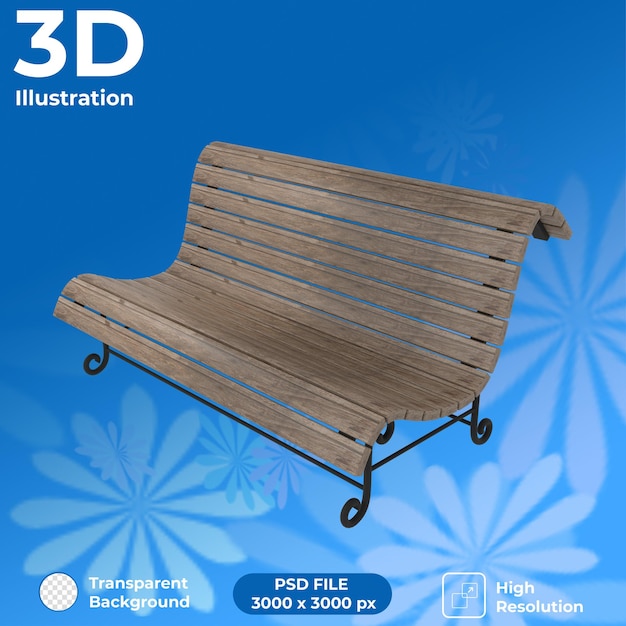 Vista prospettica della panca di legno di rendering 3d