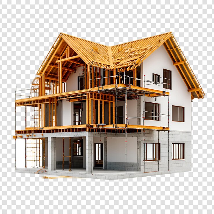 PSD 3d render of a wooden frame house under construction on a transparent background