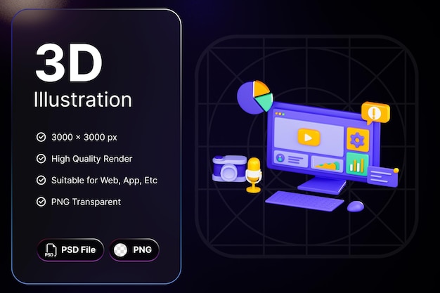 3 D レンダリング ワークスペース コンピューター 3 D コンセプト モダンなアイコン イラスト デザイン