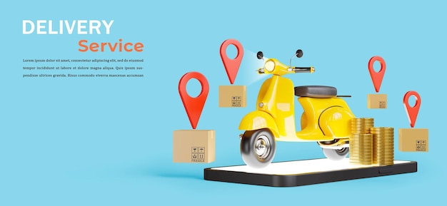 3d render of yellow scooter out of smartphoneonline delivery service concept