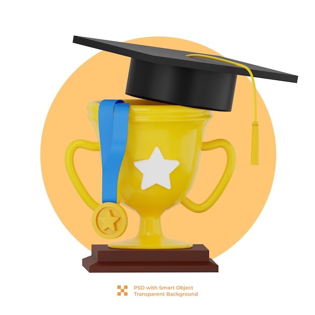 PSD 3d render of a yellow trophy with a graduation cap and a gold medal