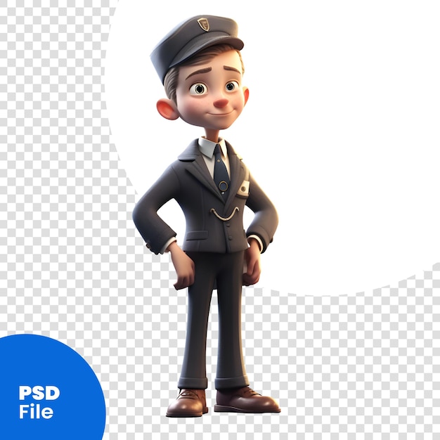 PSD render 3d di un ragazzino con cappello da pilota e uniforme in posa modello psd