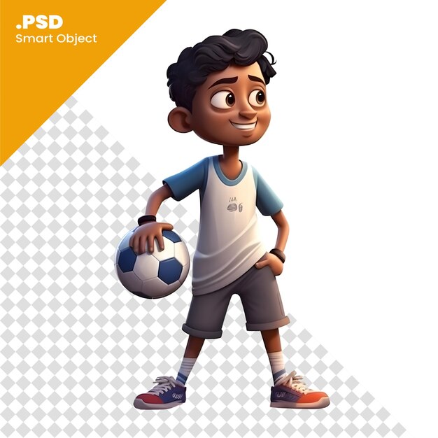 PSD render 3d di un ragazzino con una palla da calcio isolata su sfondo bianco modello psd