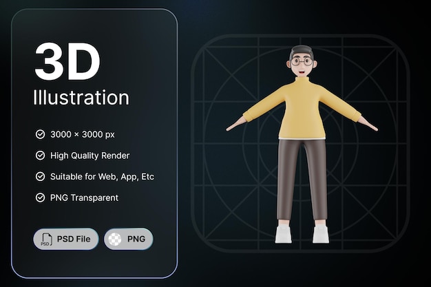PSD 3d визуализация молодого человека базовый набор персонажей концепция современной иконы иллюстрации дизайн