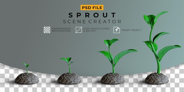 PSD 3d render zestaw do uprawy kiełków roślinnych kreator scen