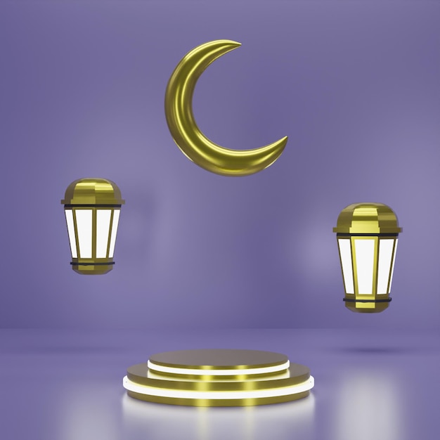 3D render złote podium ze złotą latarnią ramadan na fioletowym tle