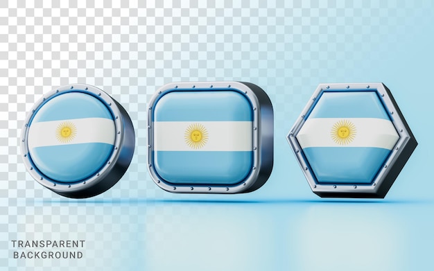 PSD 3d render znaki flagi argentyny w trzech różnych kształtach ramki koła kwadrat i sześciokąt