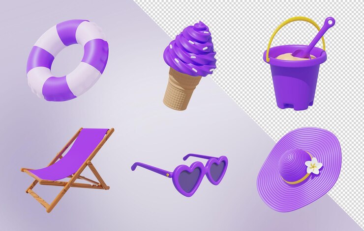 3D render zomer accessoires instellen collectie zwemmen ring ijs zonnebank zonnebril speelgoed emmer