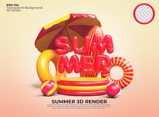 3D render zomer podium strand met element paraplu ballon bal tekst