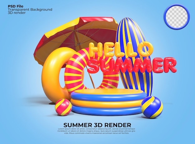 3d render zomer podium strand met element paraplu ballon bal tekst