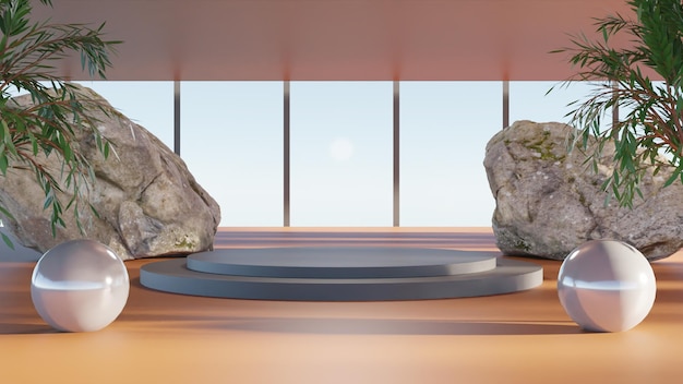 3D render zwart podium op oranje achtergrond