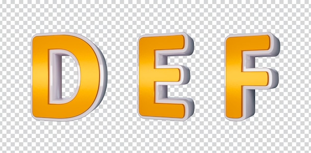 3D rendered alphabet letters, D E F, first pose, gold and white