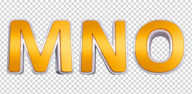3d rendered alphabet letters, m n o, second pose, gold and white
