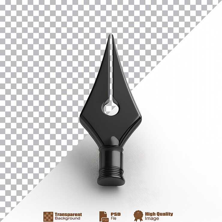 PSD 3d rendered black ink pen with a pointed tip and a circular hole near the top isolated