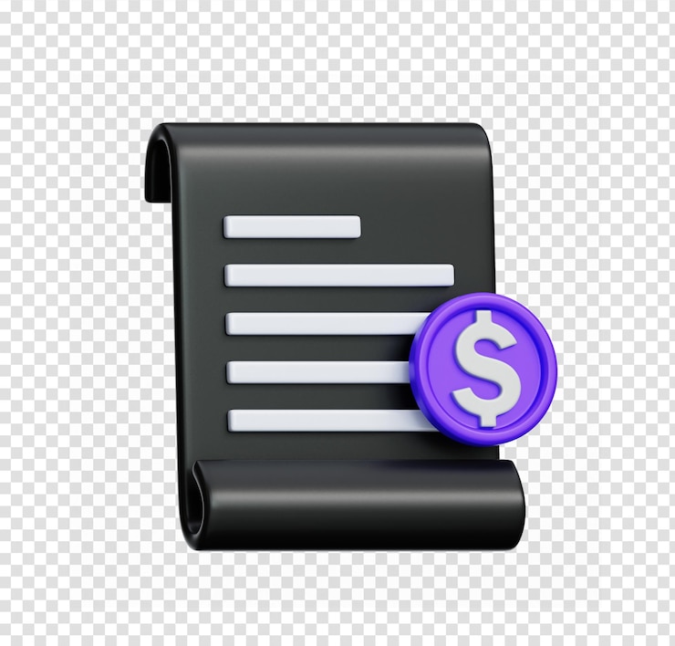 PSD 3d rendered black invoice with purple dollar coin