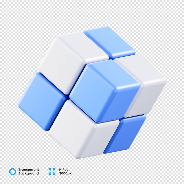 3D rendered blue and white Rubiks cube on transparent background