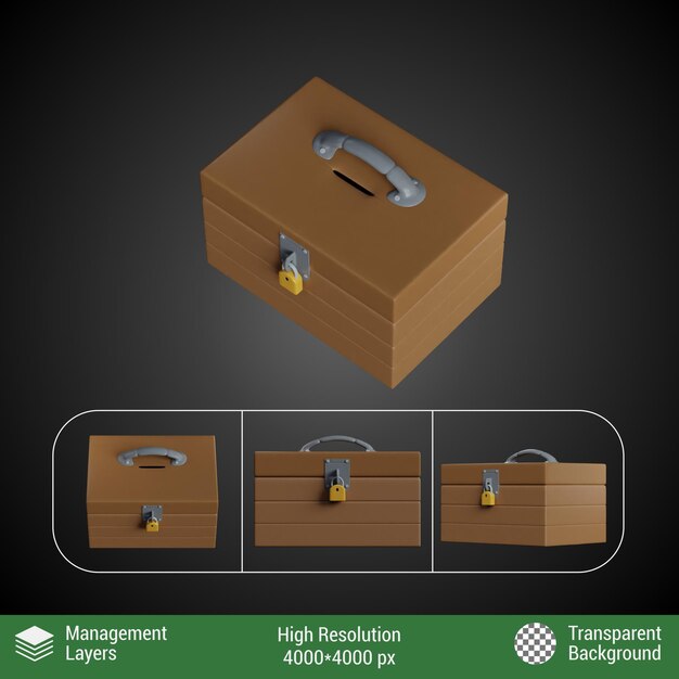 PSD scatola di beneficenza in stile cartone animato in 3d e lucchetto con prospettiva a più viste di colore marrone lucido