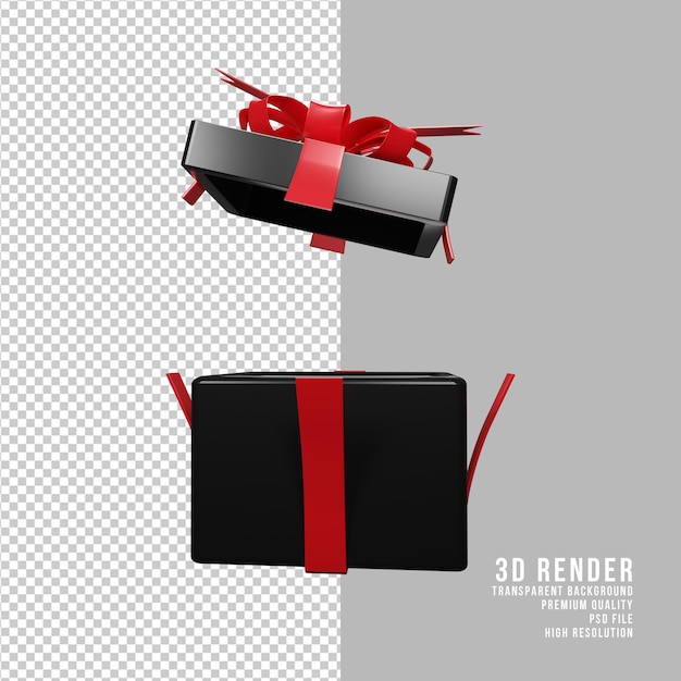 透明な背景の正面図で3Dレンダリングされたクリスマスの黒いギフトボックス