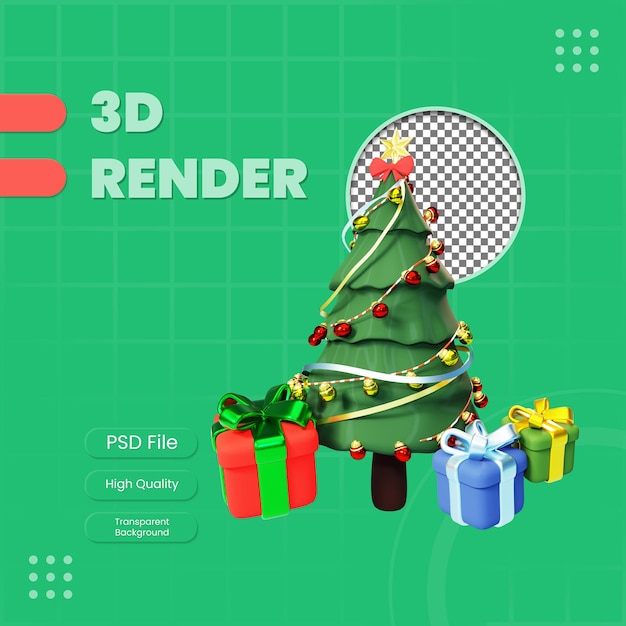 ギフトボックスのイラストと3dレンダリングされたクリスマスツリー