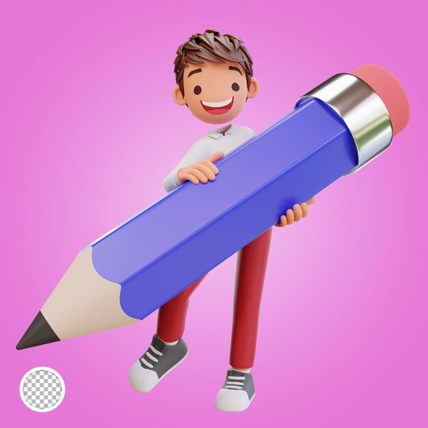 PSD 3d rendered cute student character holding a pencil