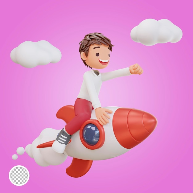 3d rendered cute student character is flying on a rocket