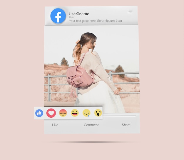 PSD mockup di post di facebook reso 3d con decorazione emoji mockup di social media