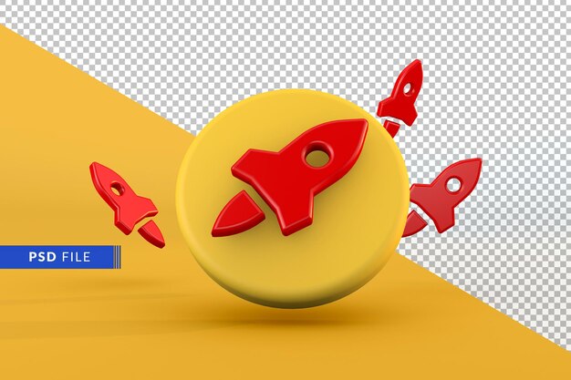 3d rendered flying rocket icon on yellow background